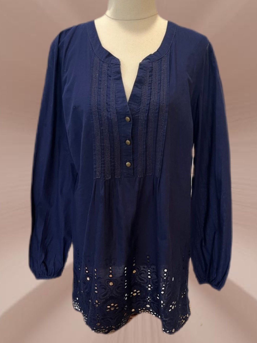 Crisp Classic Pintuck Top Intricate Eyelet Embroidery Scalloped Hem Indigo Blue
